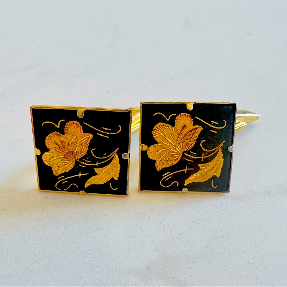 Vintage Damascene Black and Etched Gold Floral Cufflinks